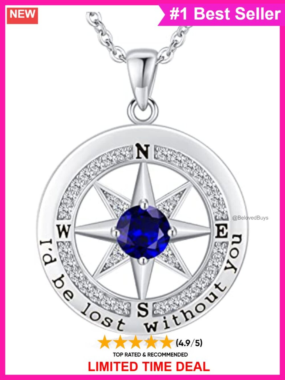 S925 Sterling Silver Compass Necklace CZ Pendant Anniversary Gift